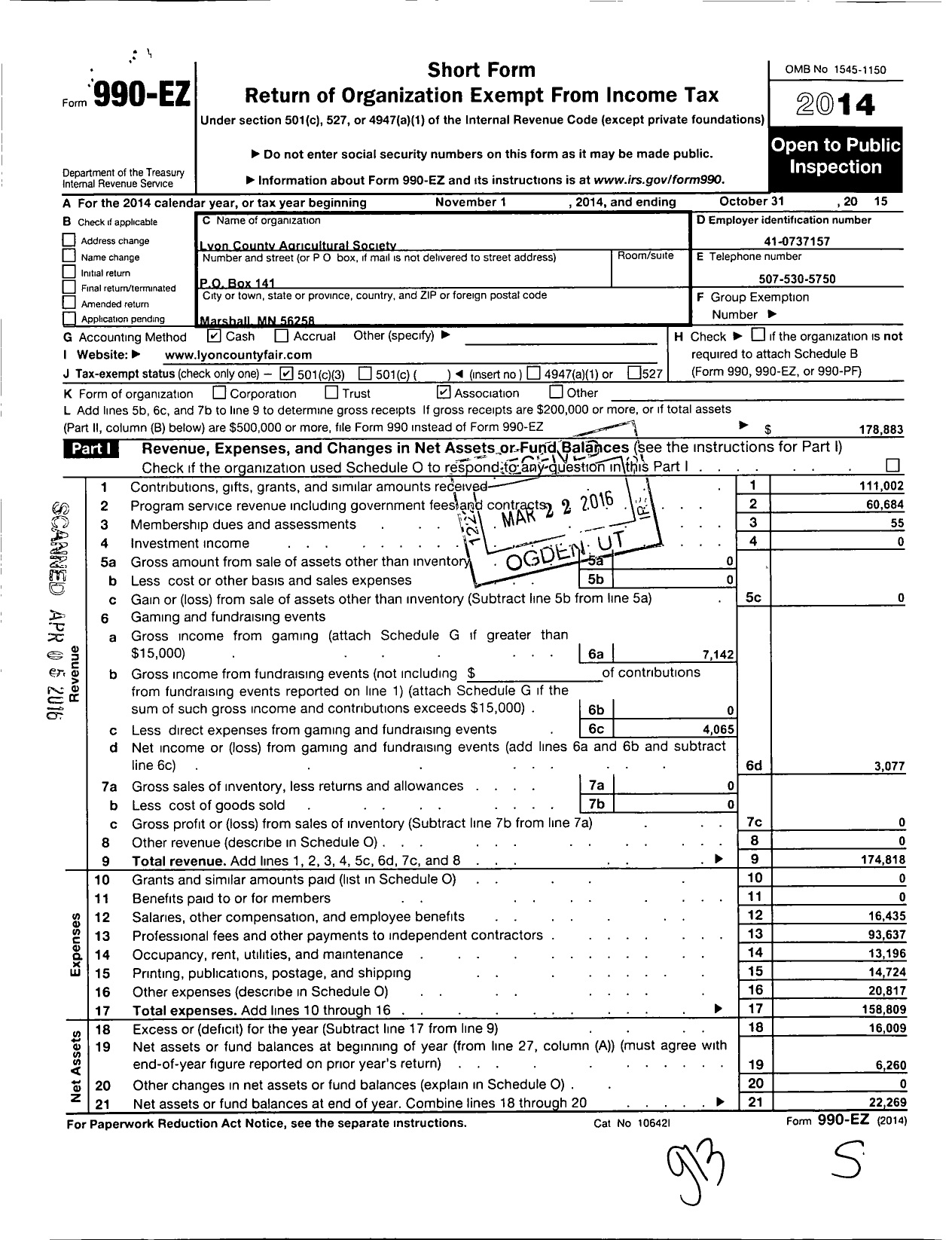 Image of first page of 2014 Form 990EZ for Lyon County Agricultural Society