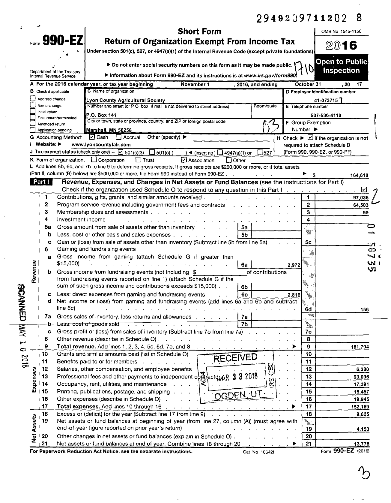 Image of first page of 2016 Form 990EZ for Lyon County Agricultural Society