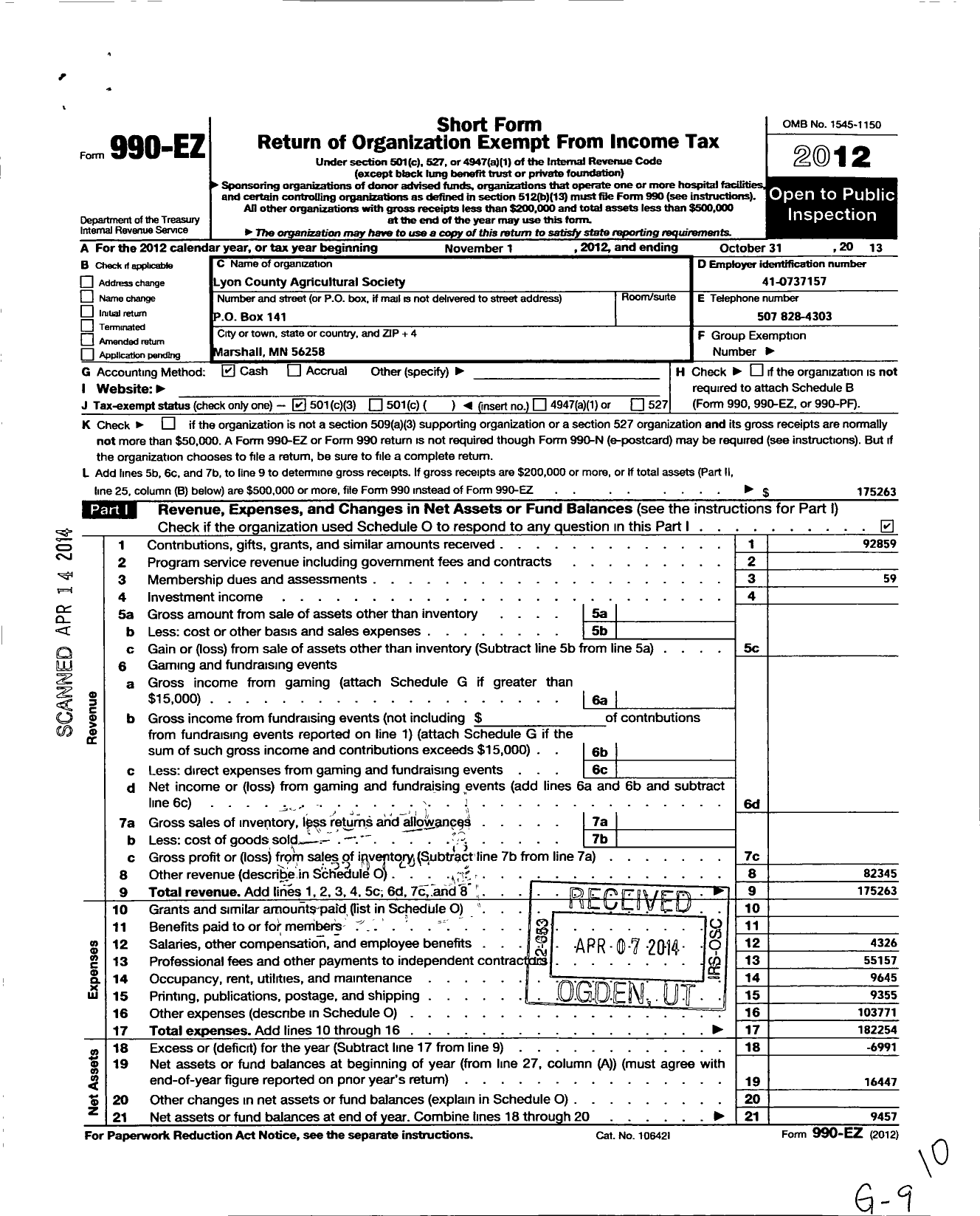 Image of first page of 2012 Form 990EZ for Lyon County Agricultural Society