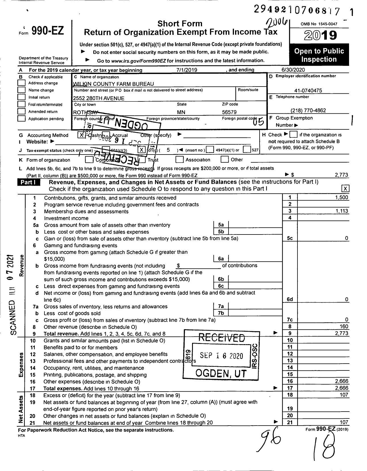 Image of first page of 2019 Form 990EO for Wilkin County Farm Bureau