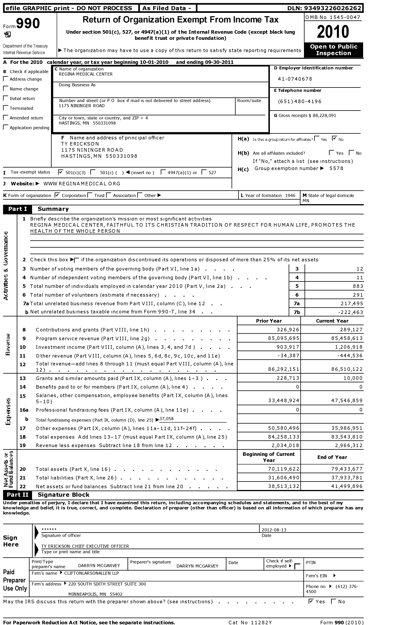 Image of first page of 2010 Form 990 for Regina Medical Center