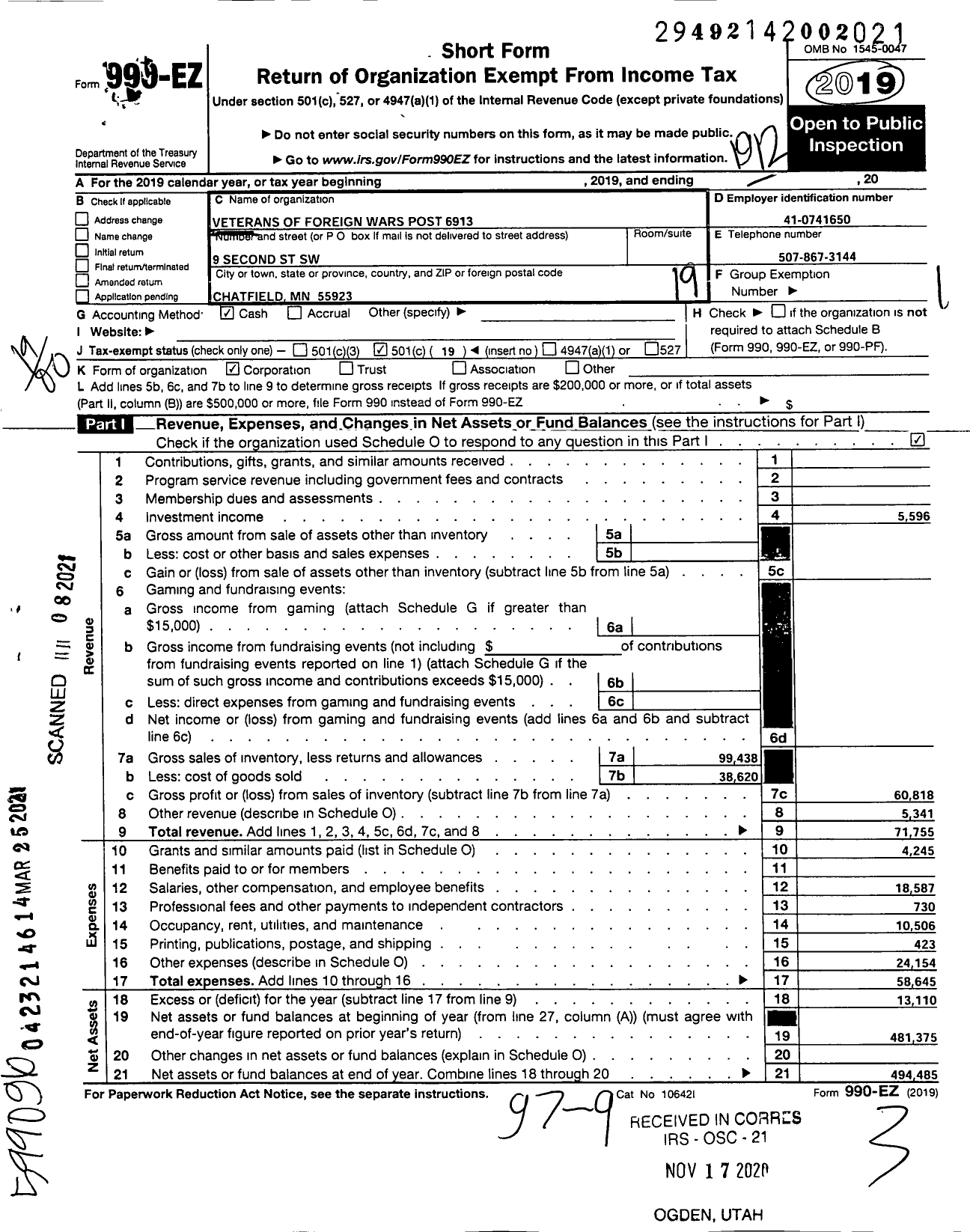 Image of first page of 2019 Form 990EO for MN VFW - 6913 VFW-MN (6913 VFW-MN)