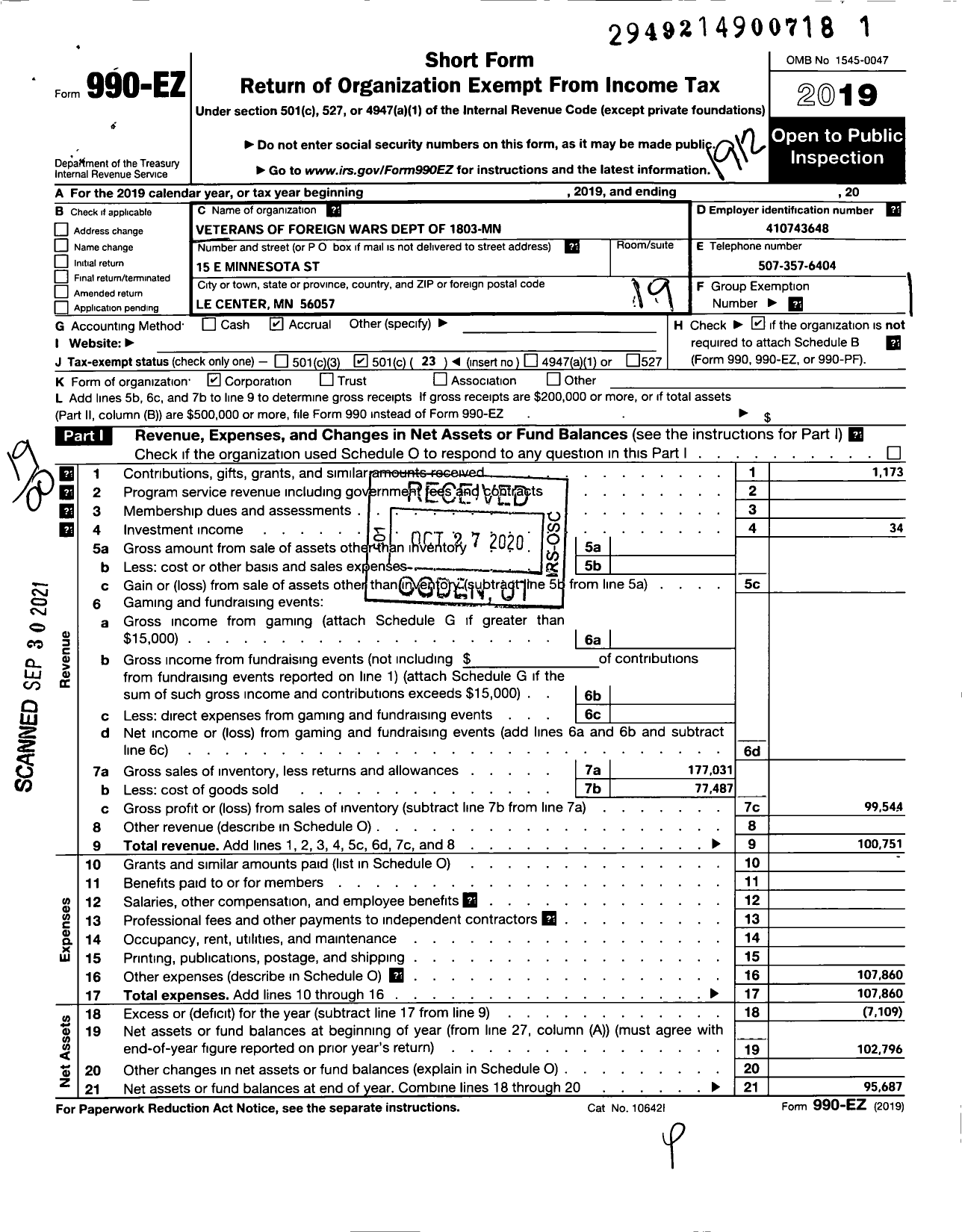 Image of first page of 2019 Form 990EO for MN VFW - 1803 VFW-MN (1803 VFW-MN)