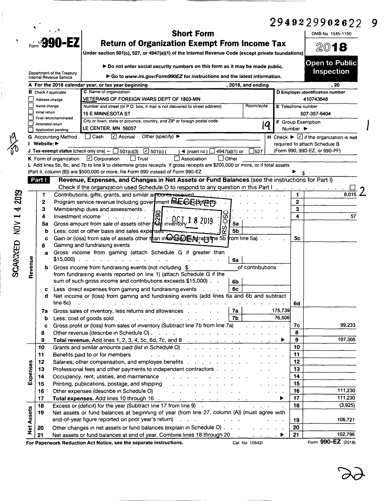 Image of first page of 2018 Form 990EO for MN VFW - 1803 VFW-MN (1803 VFW-MN)