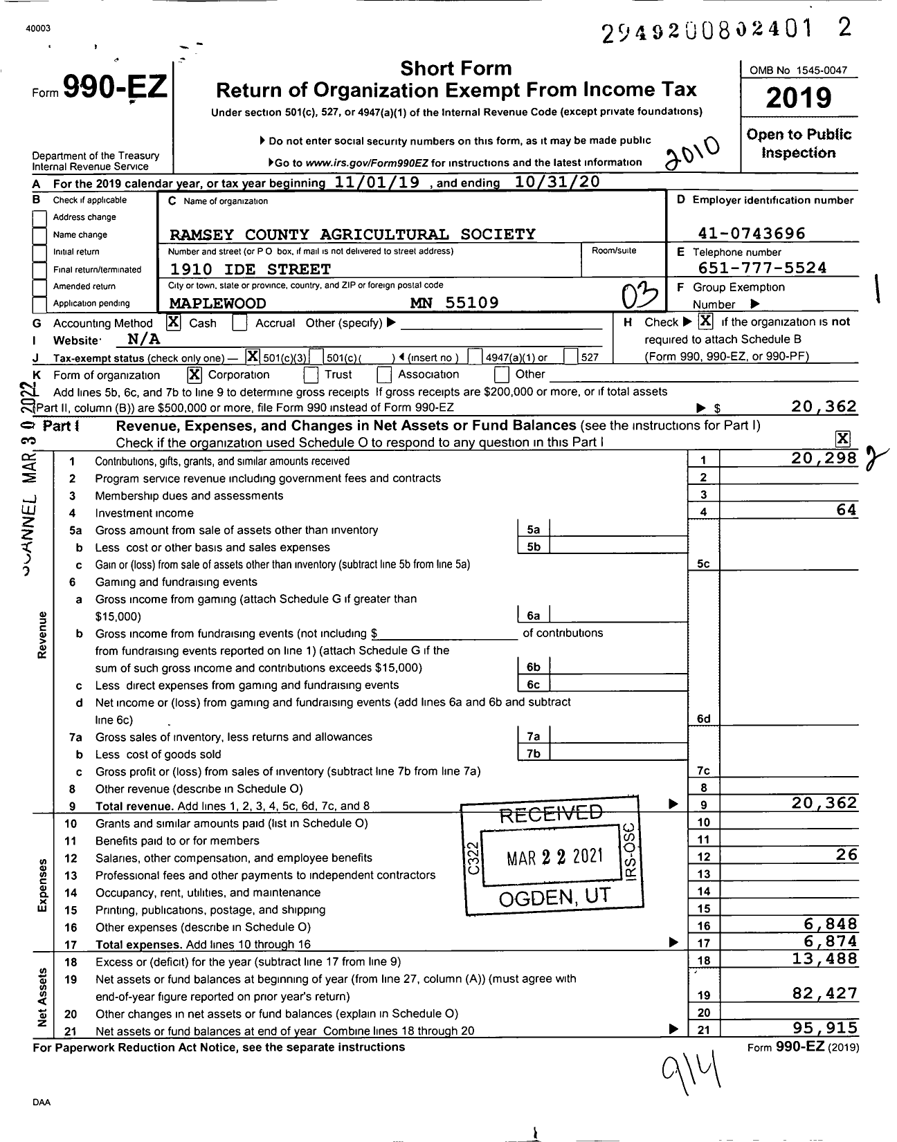 Image of first page of 2019 Form 990EZ for Ramsey County Agricultural Society