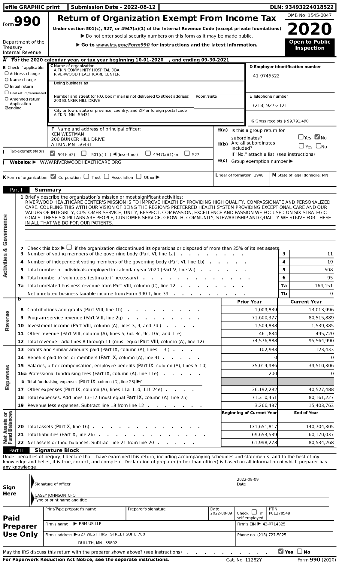 Image of first page of 2020 Form 990 for Riverwood Healthcare Center