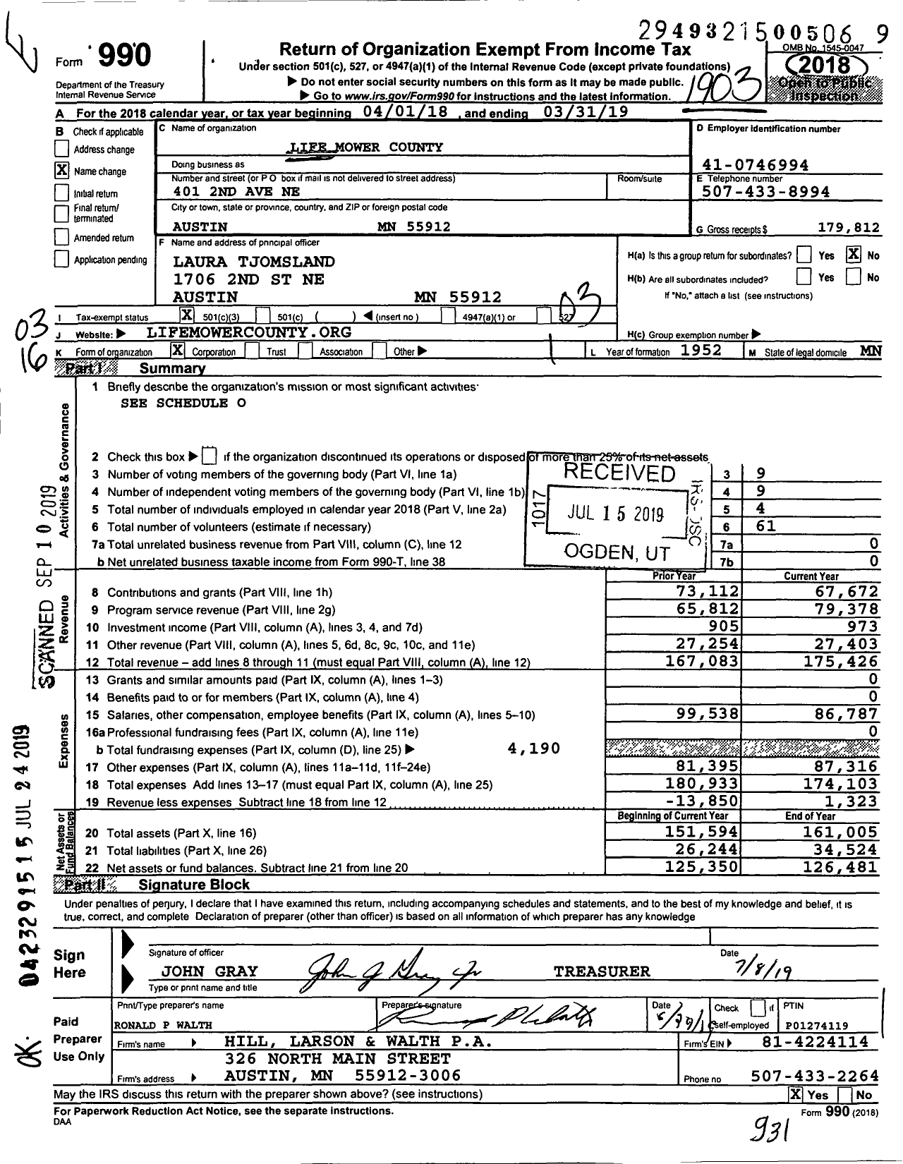 Image of first page of 2018 Form 990 for Life Mower County