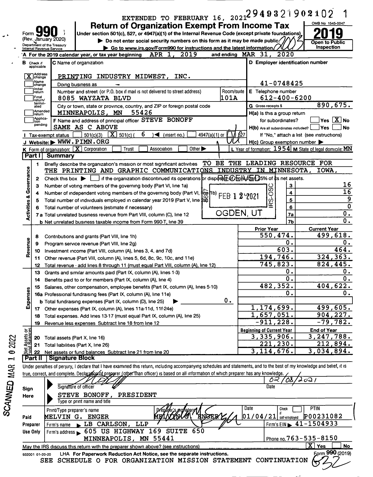 Image of first page of 2019 Form 990O for Printing Industry Midwest (PIM)