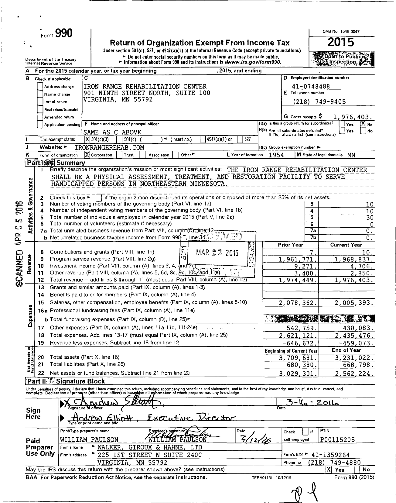 Image of first page of 2015 Form 990 for Iron Range Rehabilitation Center