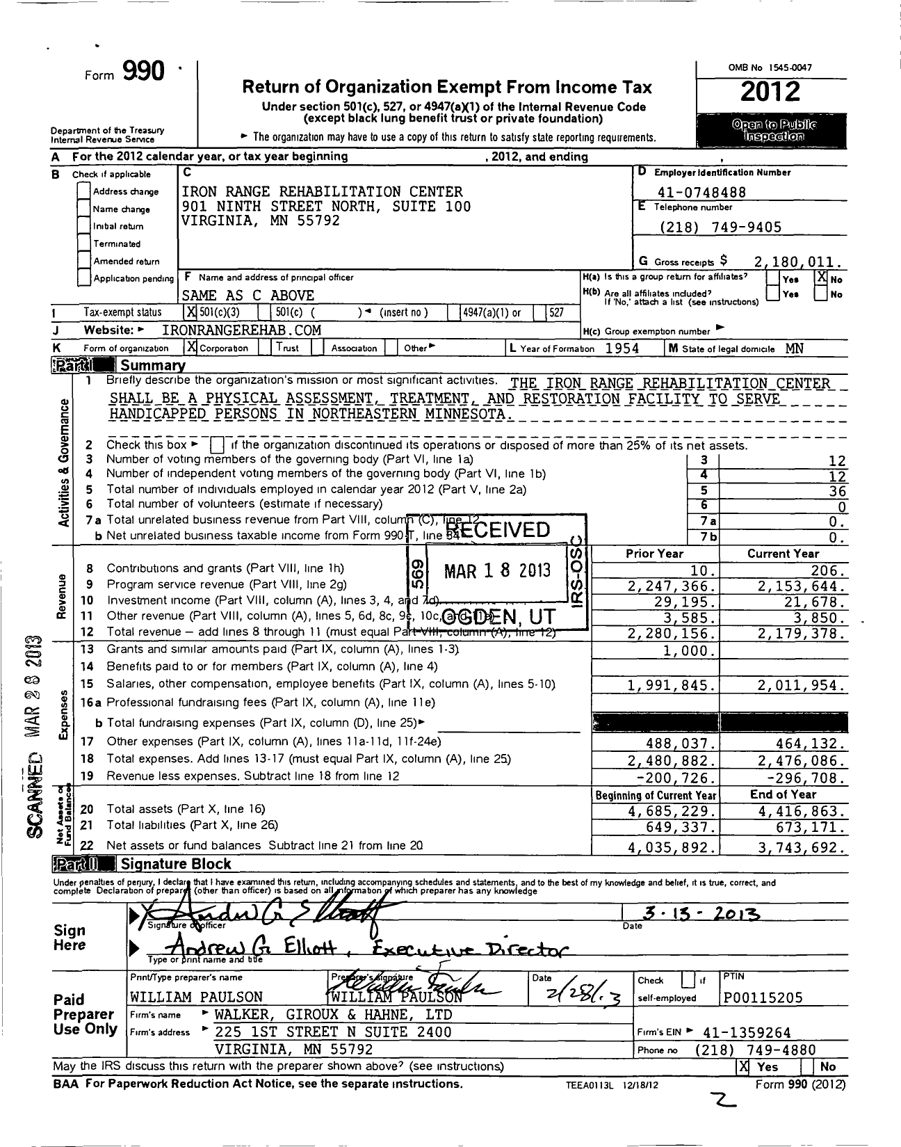 Image of first page of 2012 Form 990 for Iron Range Rehabilitation Center