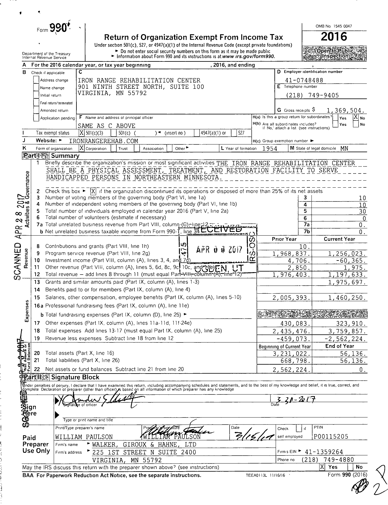 Image of first page of 2016 Form 990 for Iron Range Rehabilitation Center