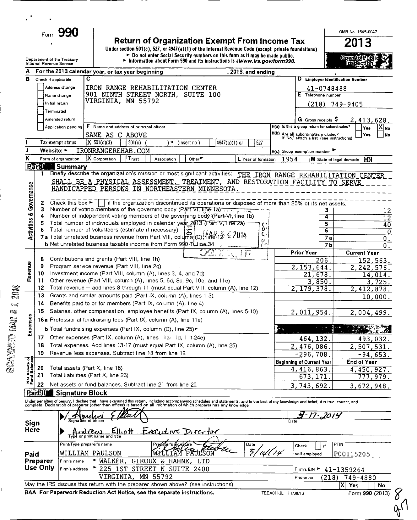 Image of first page of 2013 Form 990 for Iron Range Rehabilitation Center