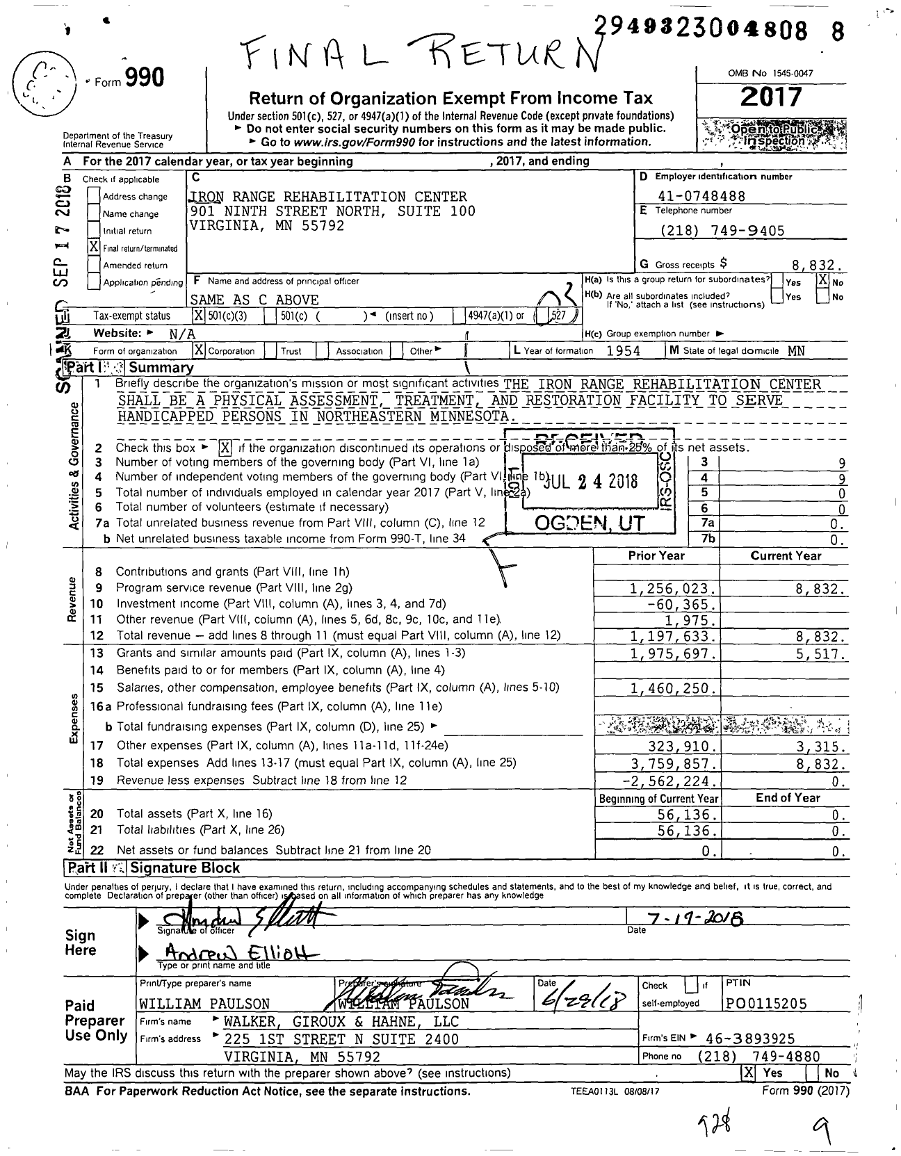 Image of first page of 2017 Form 990 for Iron Range Rehabilitation Center