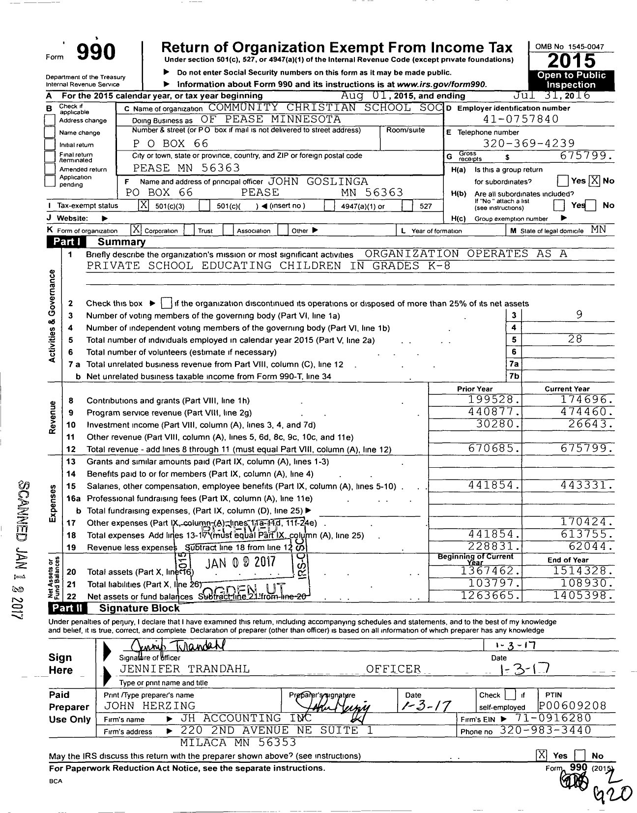 Image of first page of 2015 Form 990 for Community Christian School of Pease MN