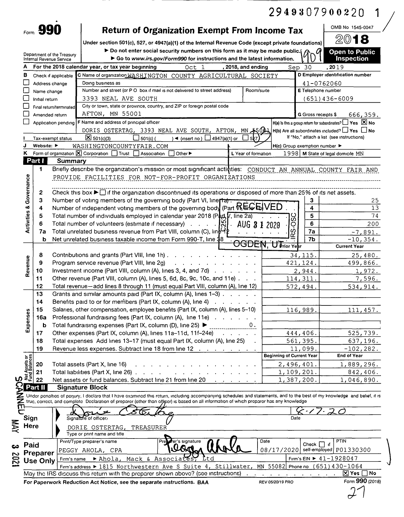Image of first page of 2018 Form 990 for Washington County Agricultural Society