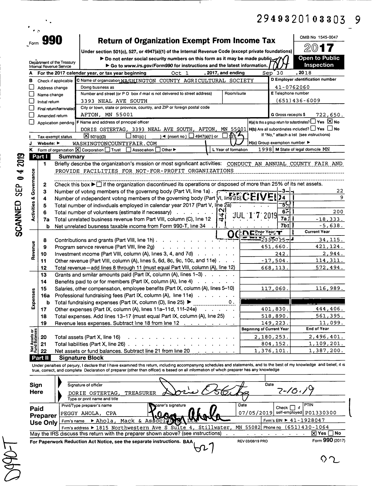 Image of first page of 2017 Form 990 for Washington County Agricultural Society