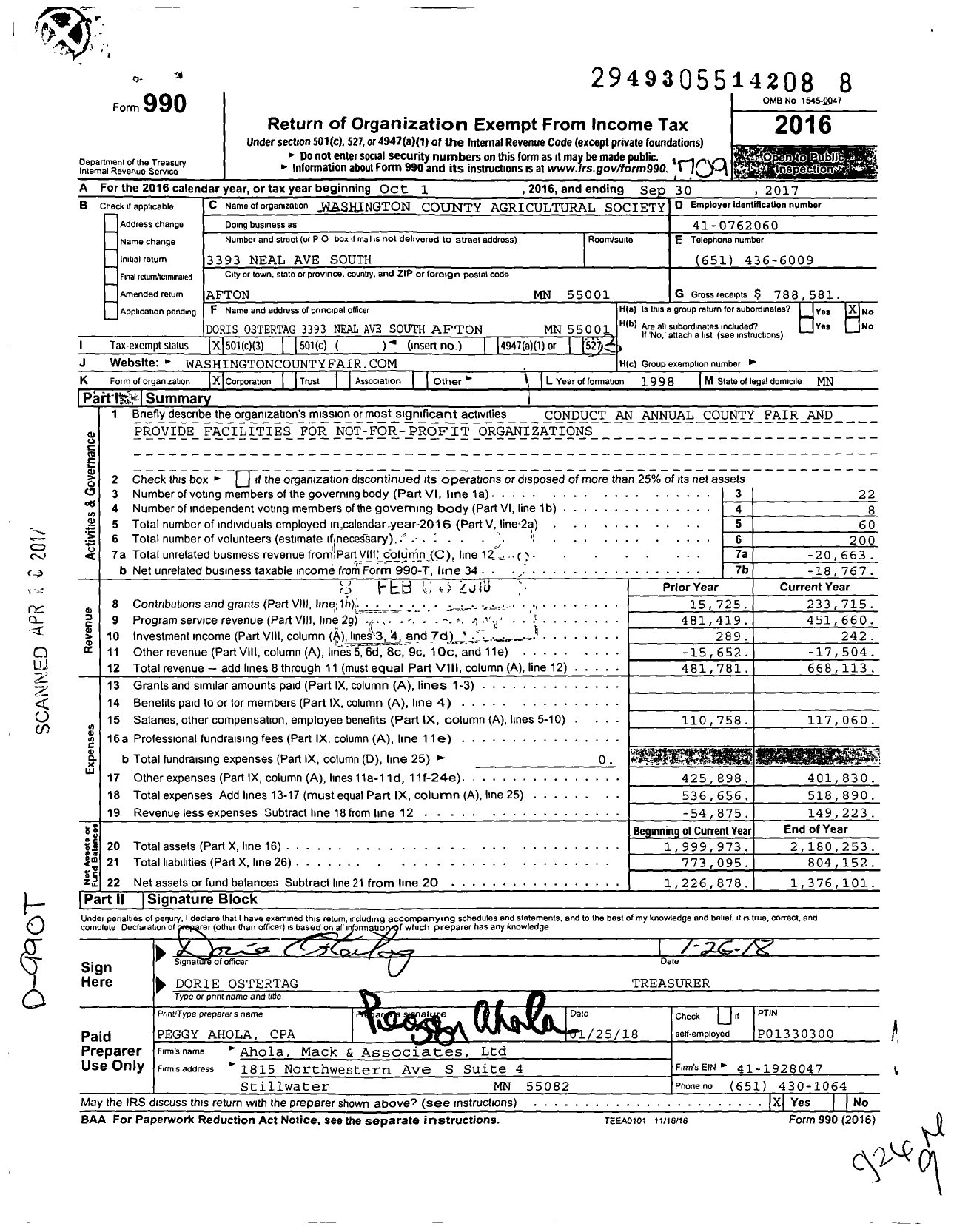 Image of first page of 2016 Form 990 for Washington County Agricultural Society