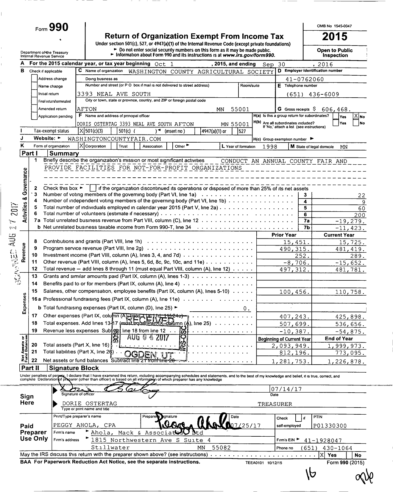 Image of first page of 2015 Form 990 for Washington County Agricultural Society