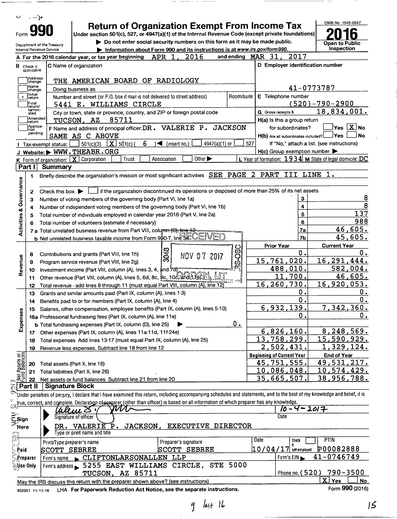 Image of first page of 2016 Form 990O for American Board of Radiology (ABR)
