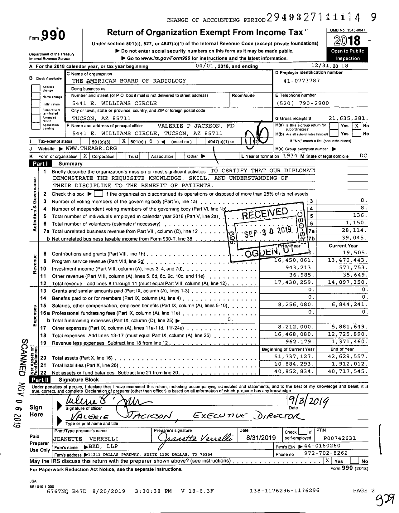 Image of first page of 2018 Form 990O for American Board of Radiology (ABR)