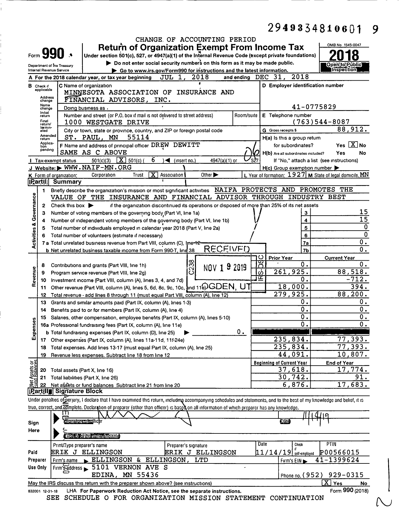 Image of first page of 2018 Form 990O for National Association of Insurance and Financial Advisors