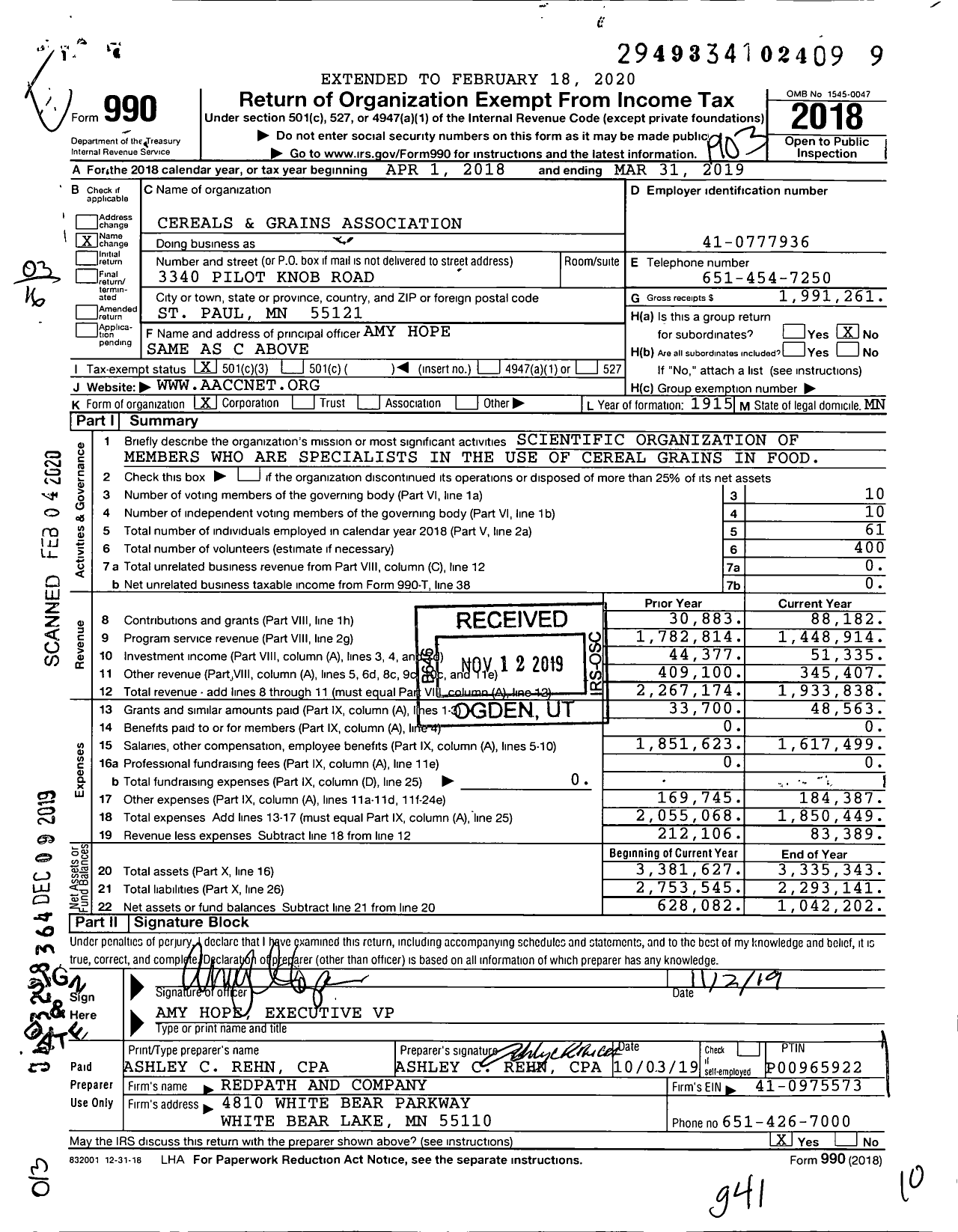 Image of first page of 2018 Form 990 for Cereals and Grains Association