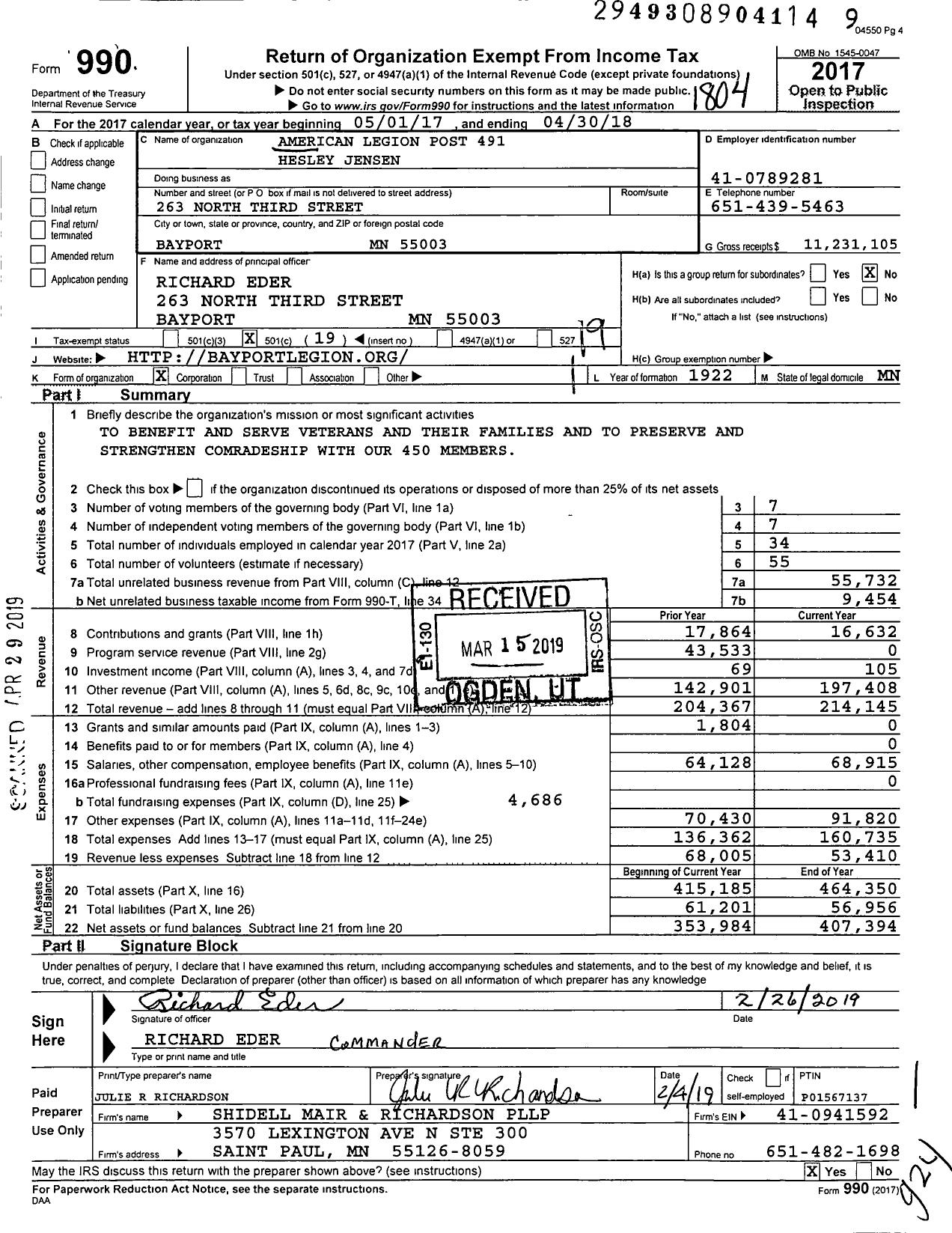 Image of first page of 2017 Form 990O for American Legion - 0491 Hesley Jensen Post