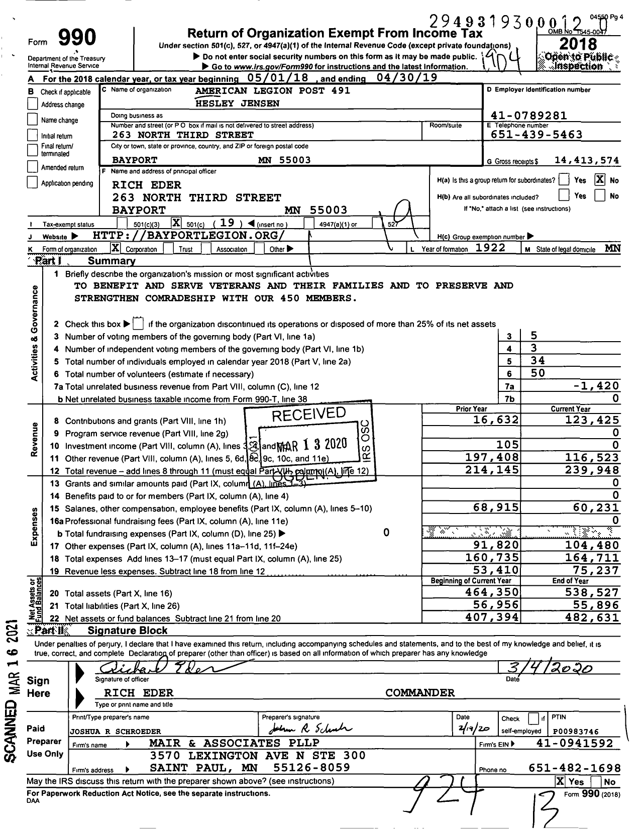 Image of first page of 2018 Form 990O for American Legion - 0491 Hesley Jensen Post