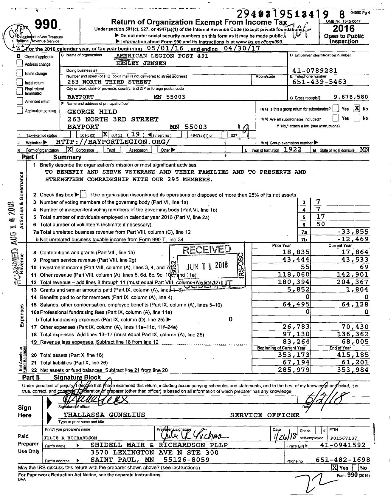 Image of first page of 2016 Form 990O for American Legion - 0491 Hesley Jensen Post