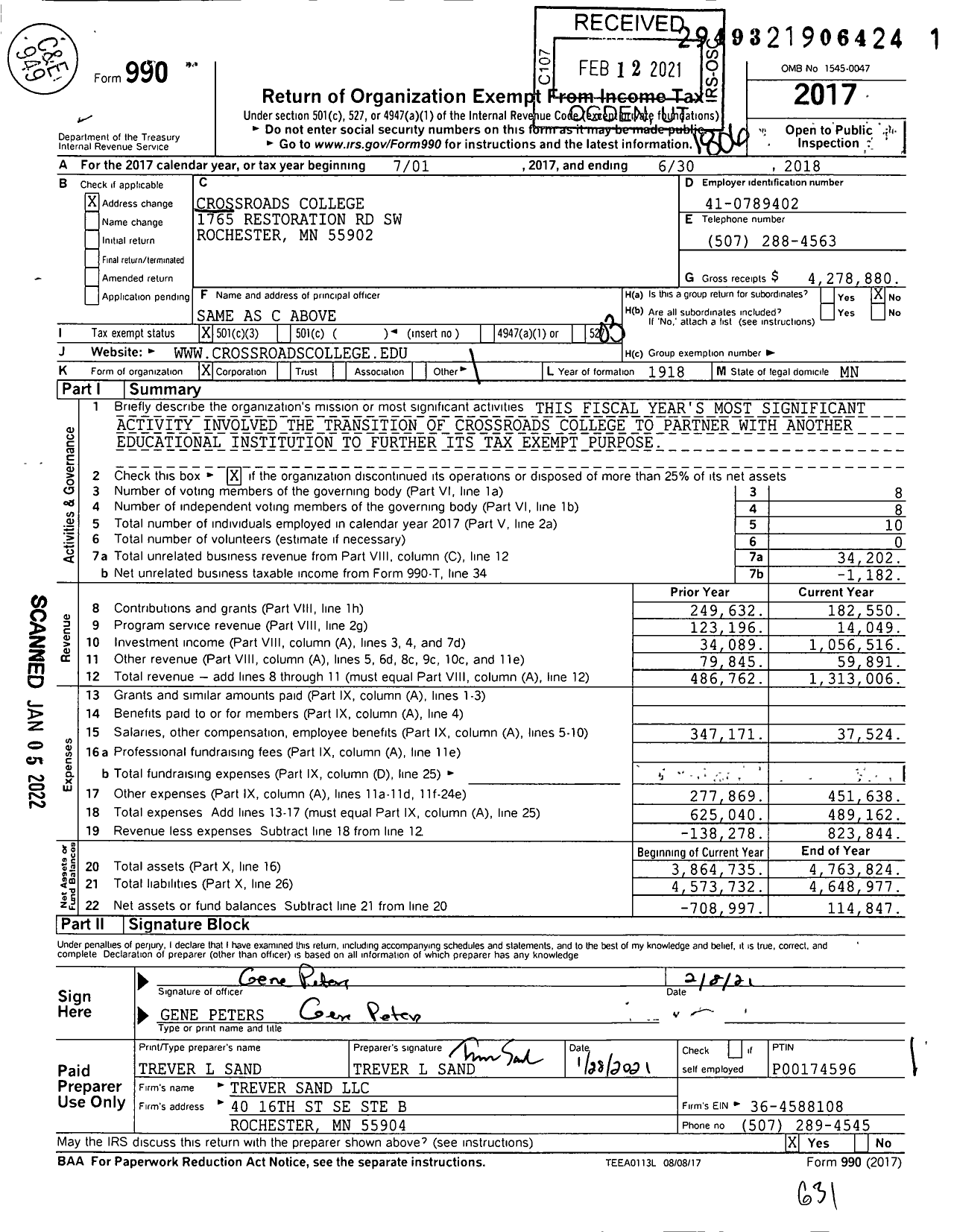 Image of first page of 2017 Form 990 for Crossroads Church Partners