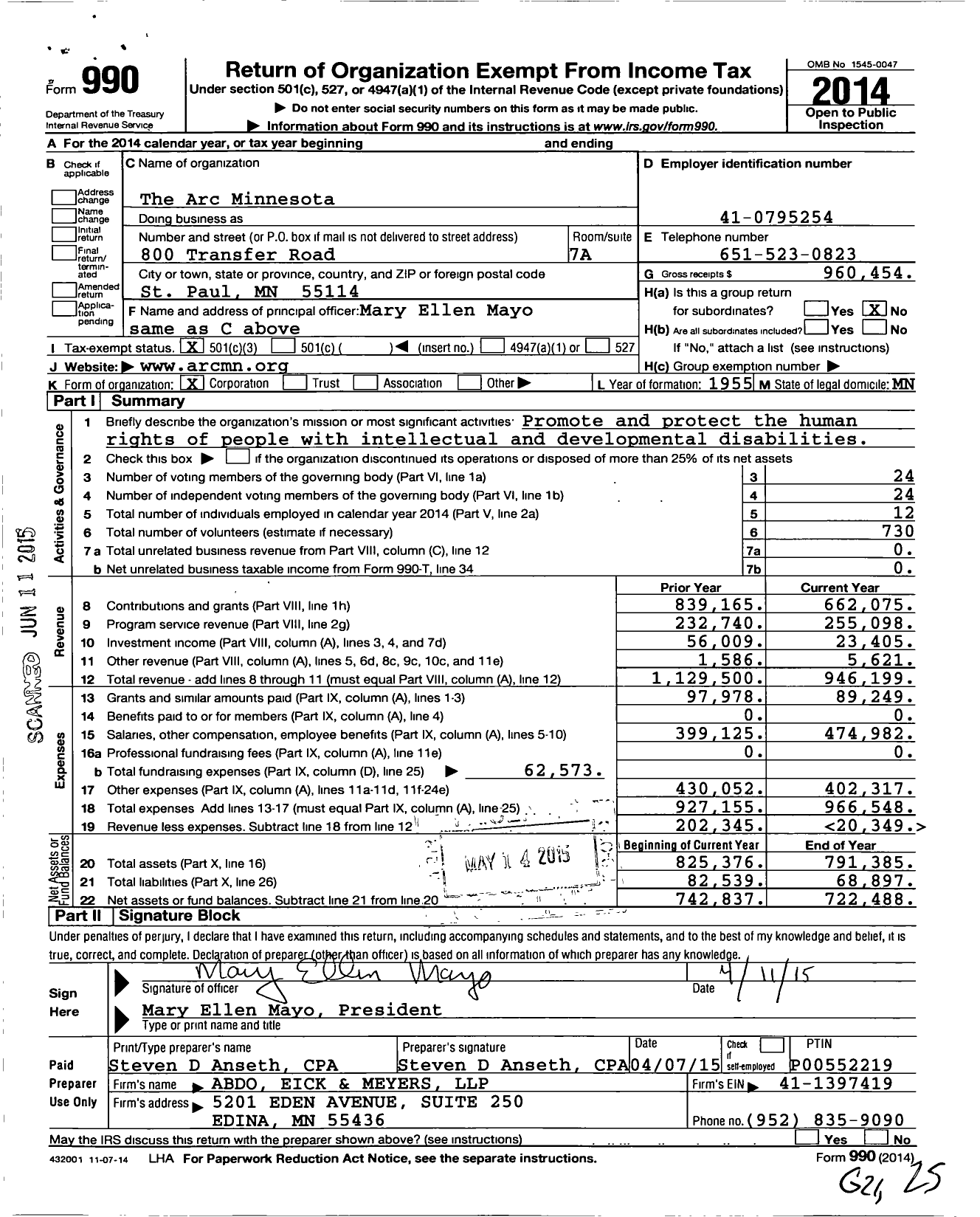 Image of first page of 2014 Form 990 for The Arc Minnesota