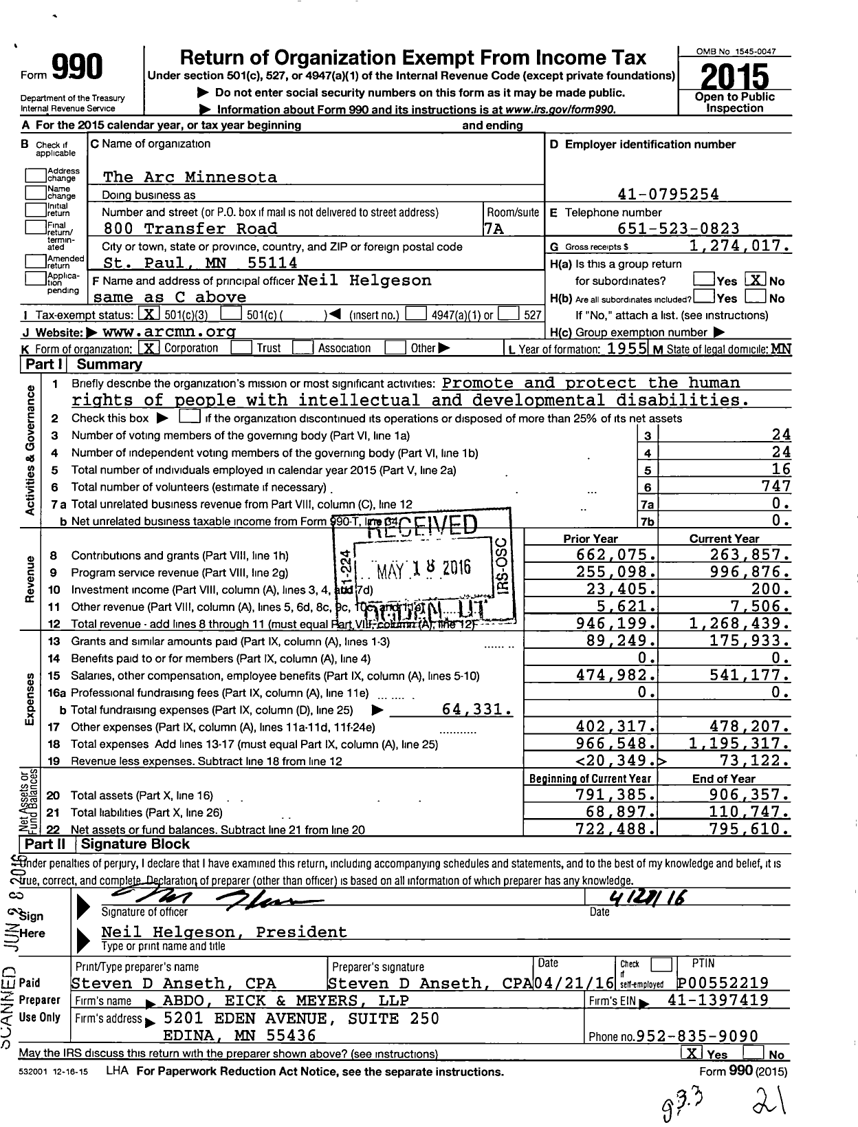 Image of first page of 2015 Form 990 for The Arc Minnesota
