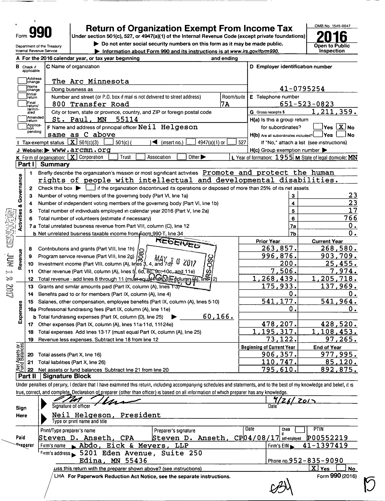 Image of first page of 2016 Form 990 for The Arc Minnesota