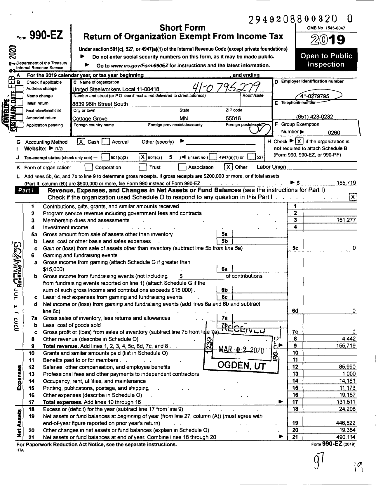 Image of first page of 2019 Form 990EO for United Steelworkers - Local Union 00418