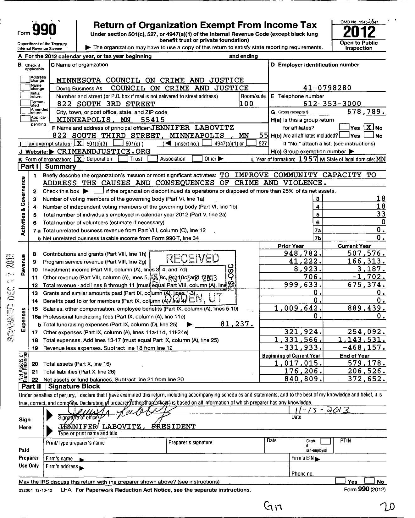 Image of first page of 2012 Form 990 for Minnesota Council on Crime and Justice