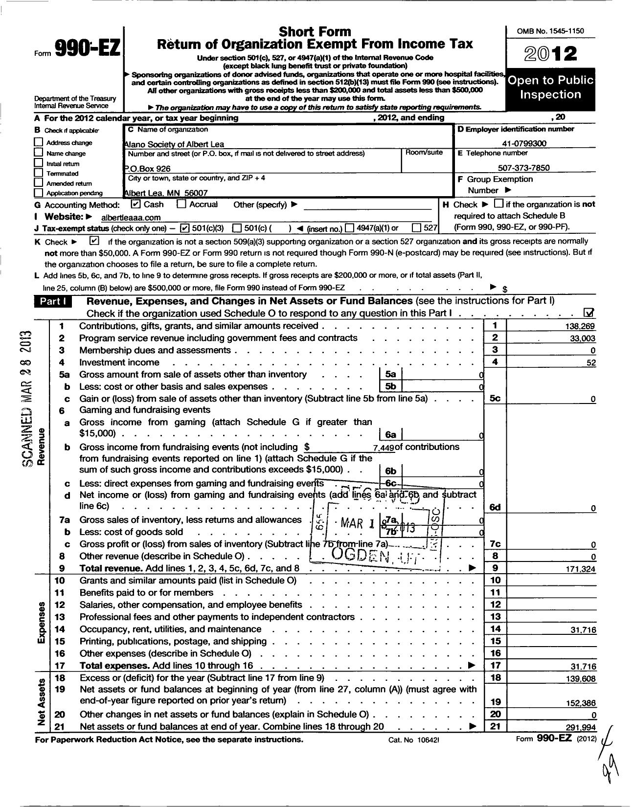 Image of first page of 2012 Form 990EZ for Alano Society of Albert Lea