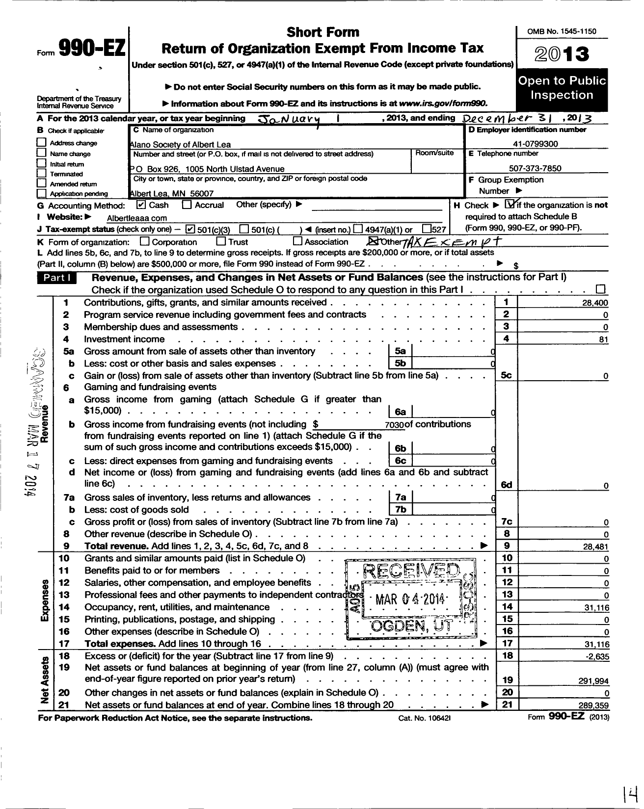 Image of first page of 2013 Form 990EZ for Alano Society of Albert Lea