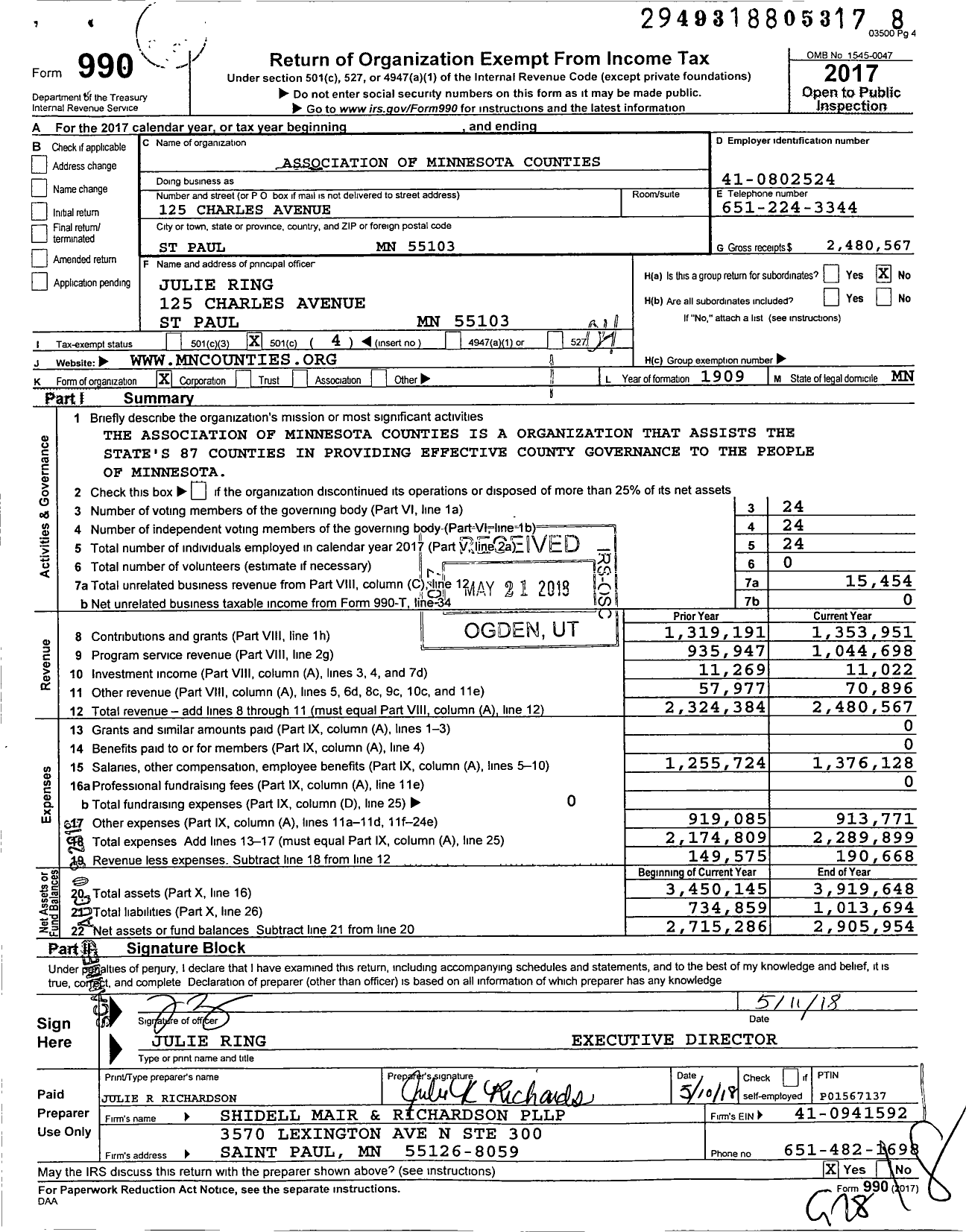 Image of first page of 2017 Form 990O for Association of Minnesota Counties