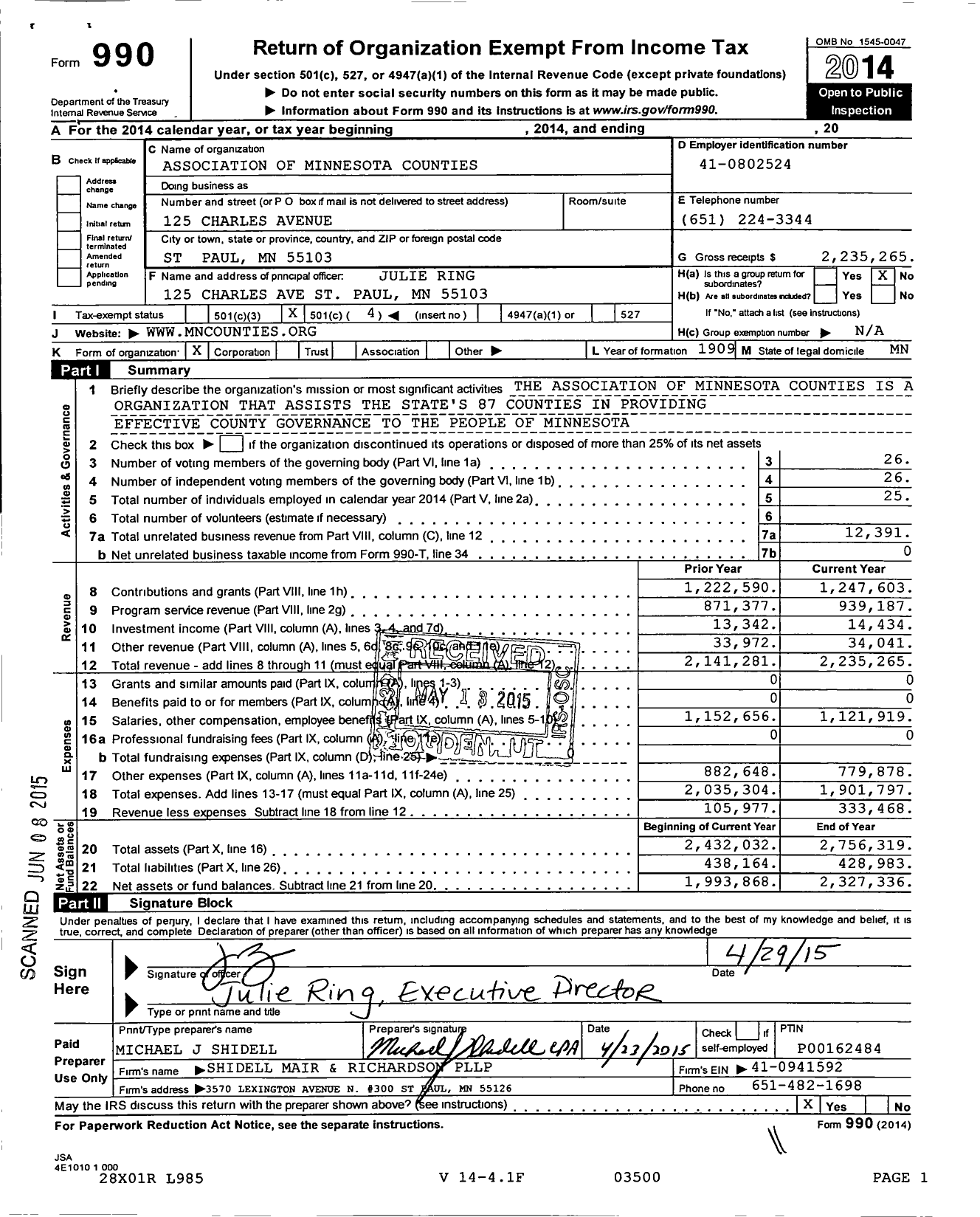 Image of first page of 2014 Form 990O for Association of Minnesota Counties