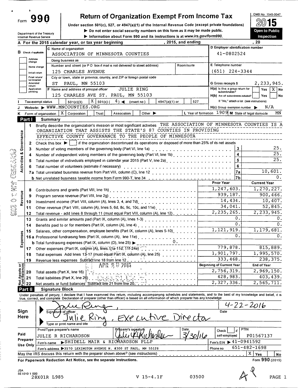 Image of first page of 2015 Form 990O for Association of Minnesota Counties