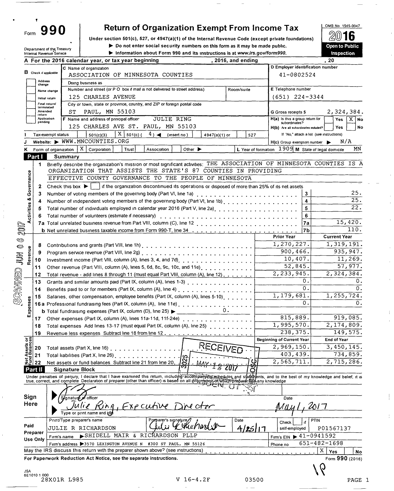 Image of first page of 2016 Form 990O for Association of Minnesota Counties