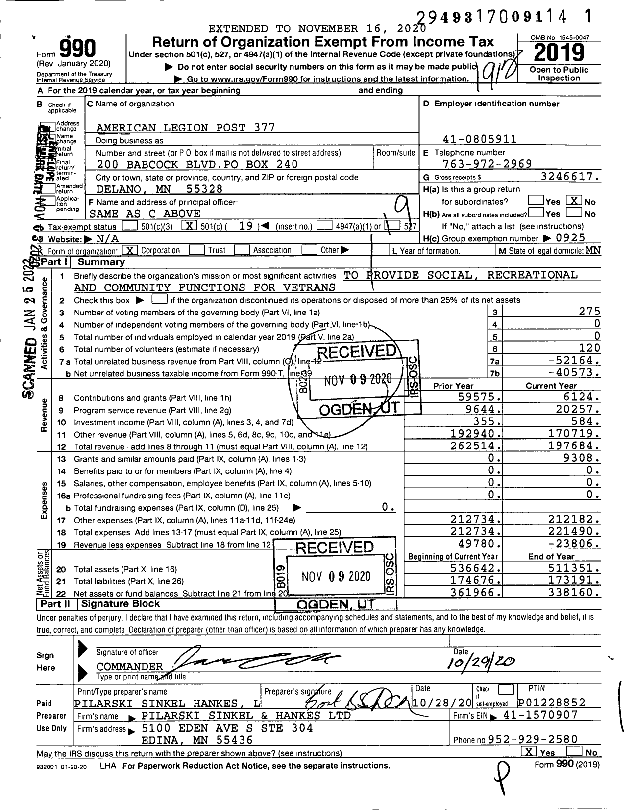 Image of first page of 2019 Form 990O for American Legion - 0377 Delano Post MN