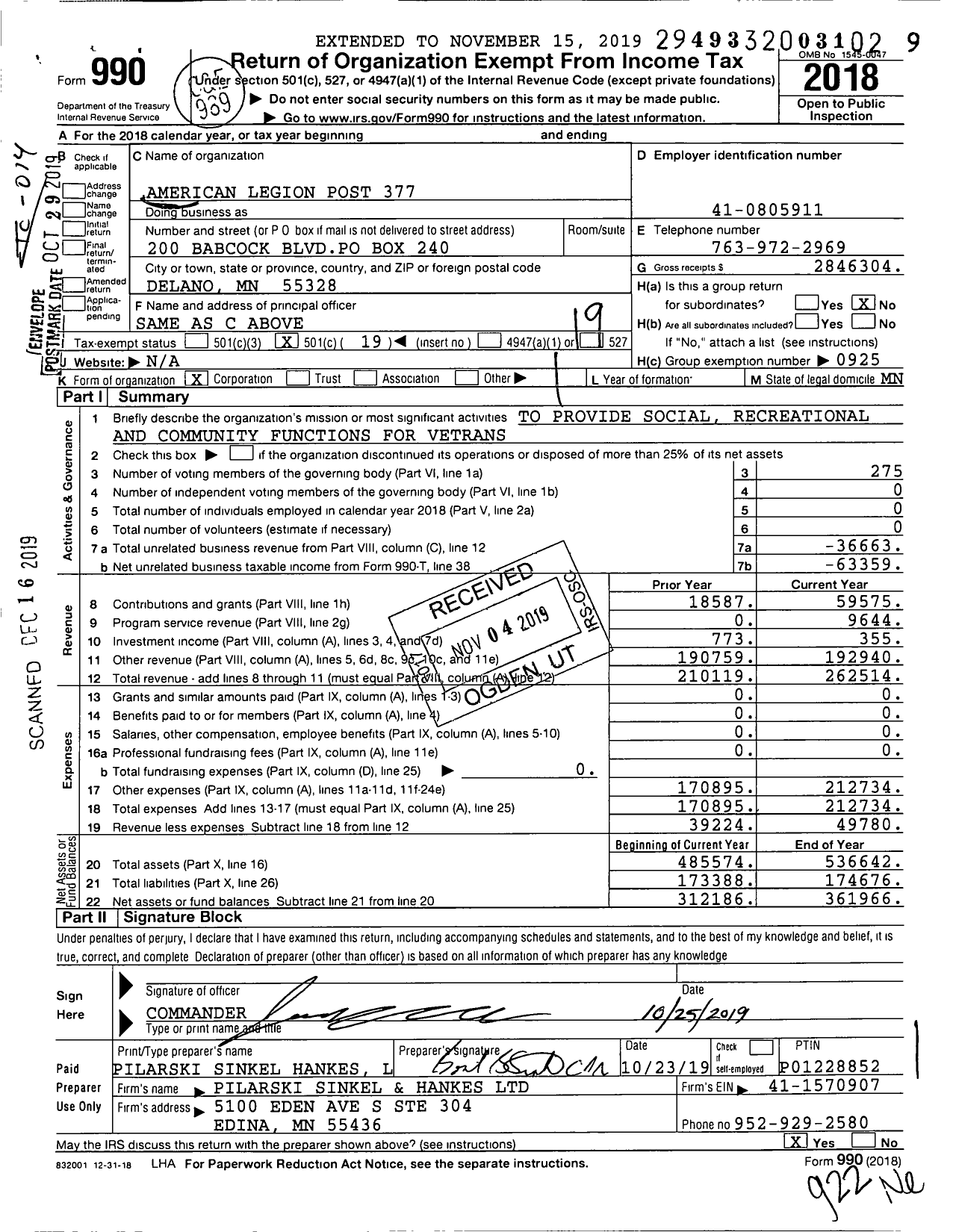 Image of first page of 2018 Form 990O for American Legion - 0377 Delano Post MN