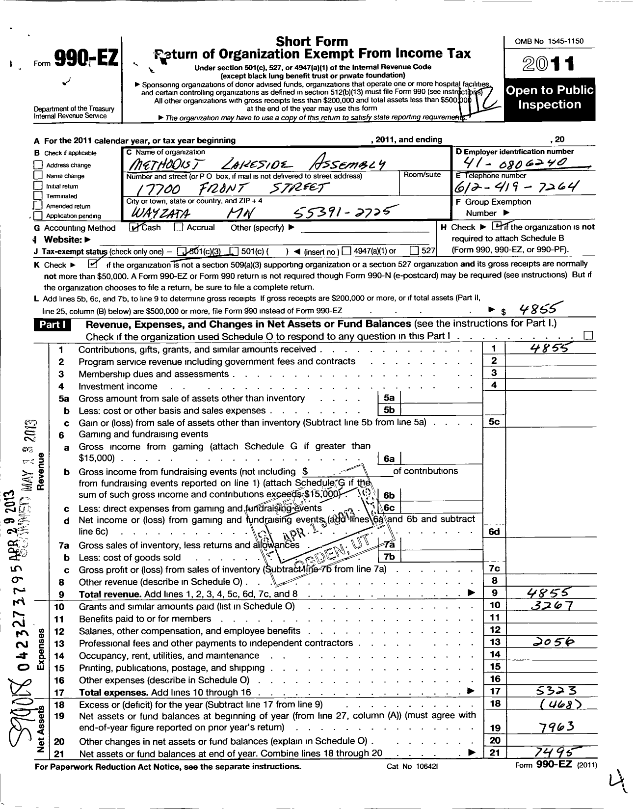 Image of first page of 2011 Form 990EZ for Methodist Lakeside Assembly