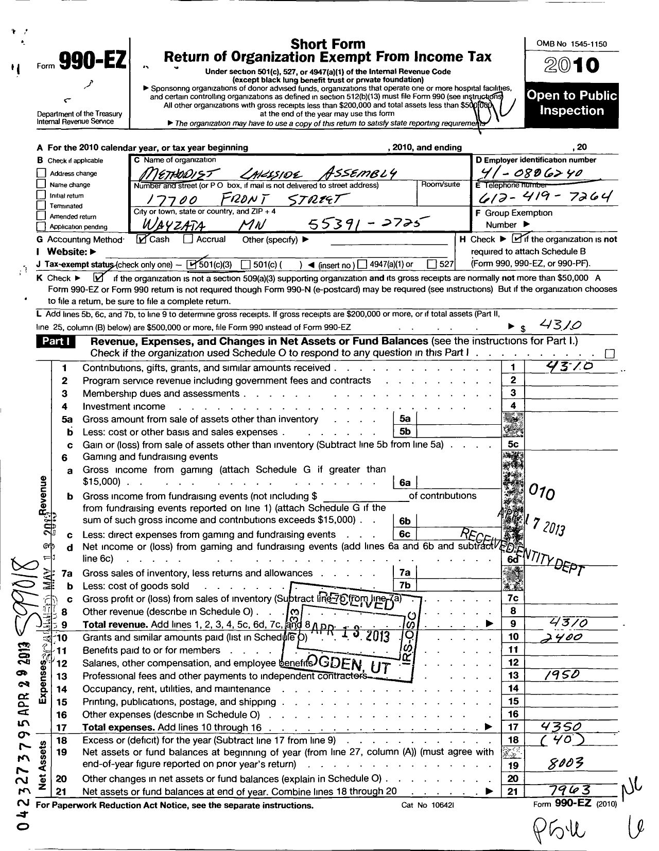 Image of first page of 2010 Form 990EZ for Methodist Lakeside Assembly