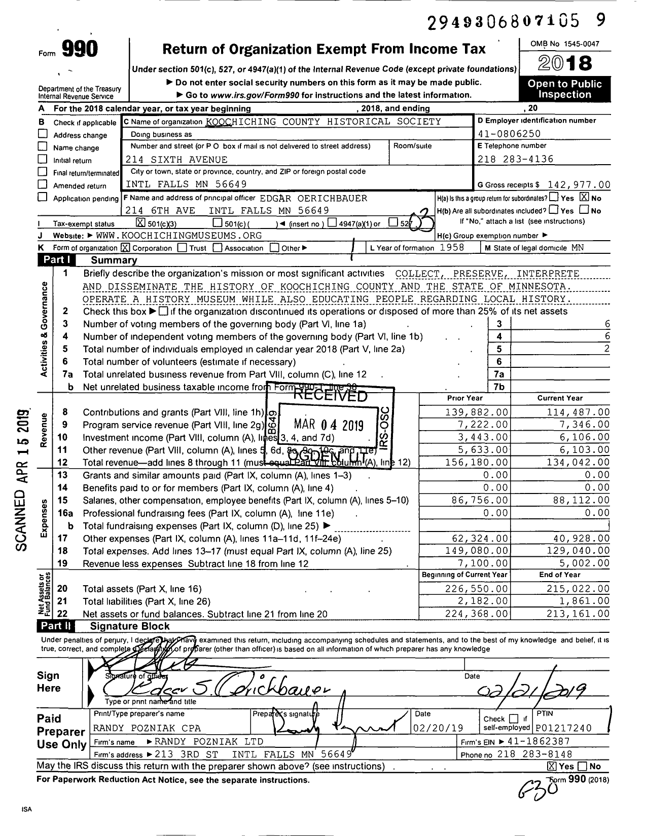 Image of first page of 2018 Form 990 for Koochiching County Historical Society