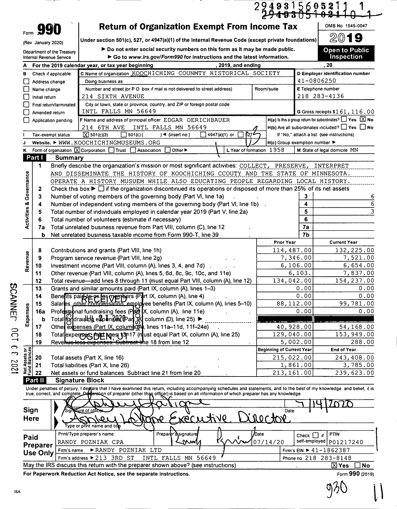 Image of first page of 2019 Form 990 for Koochiching County Historical Society