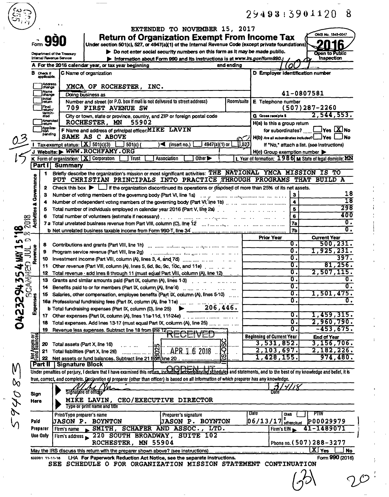Image of first page of 2015 Form 990 for YMCA of Rochester