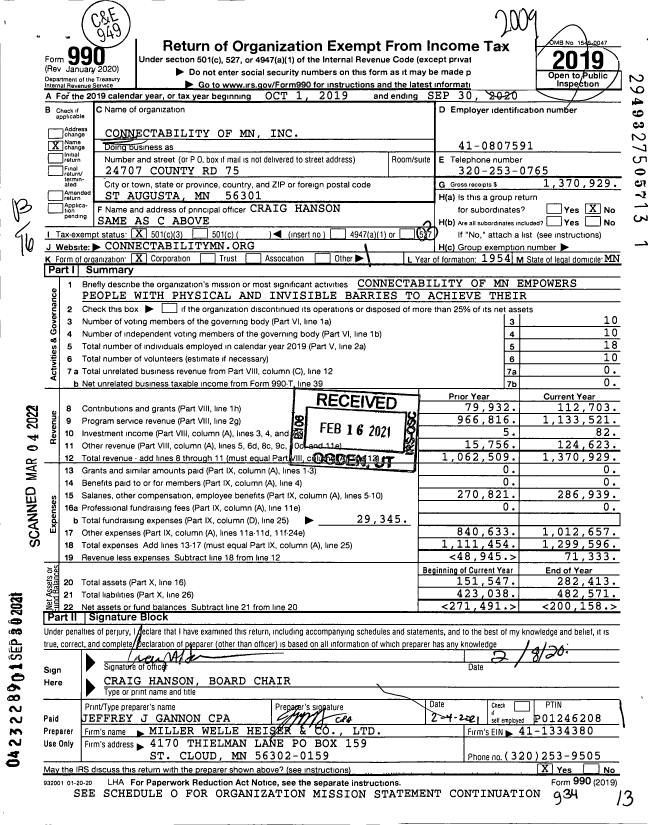 Image of first page of 2019 Form 990 for Connectability of MN