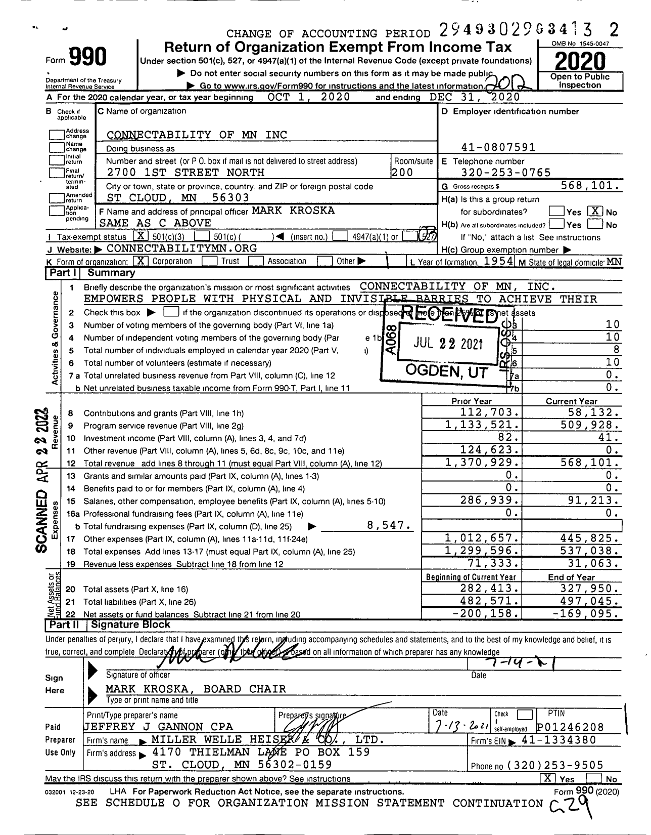 Image of first page of 2020 Form 990 for Connectability of MN